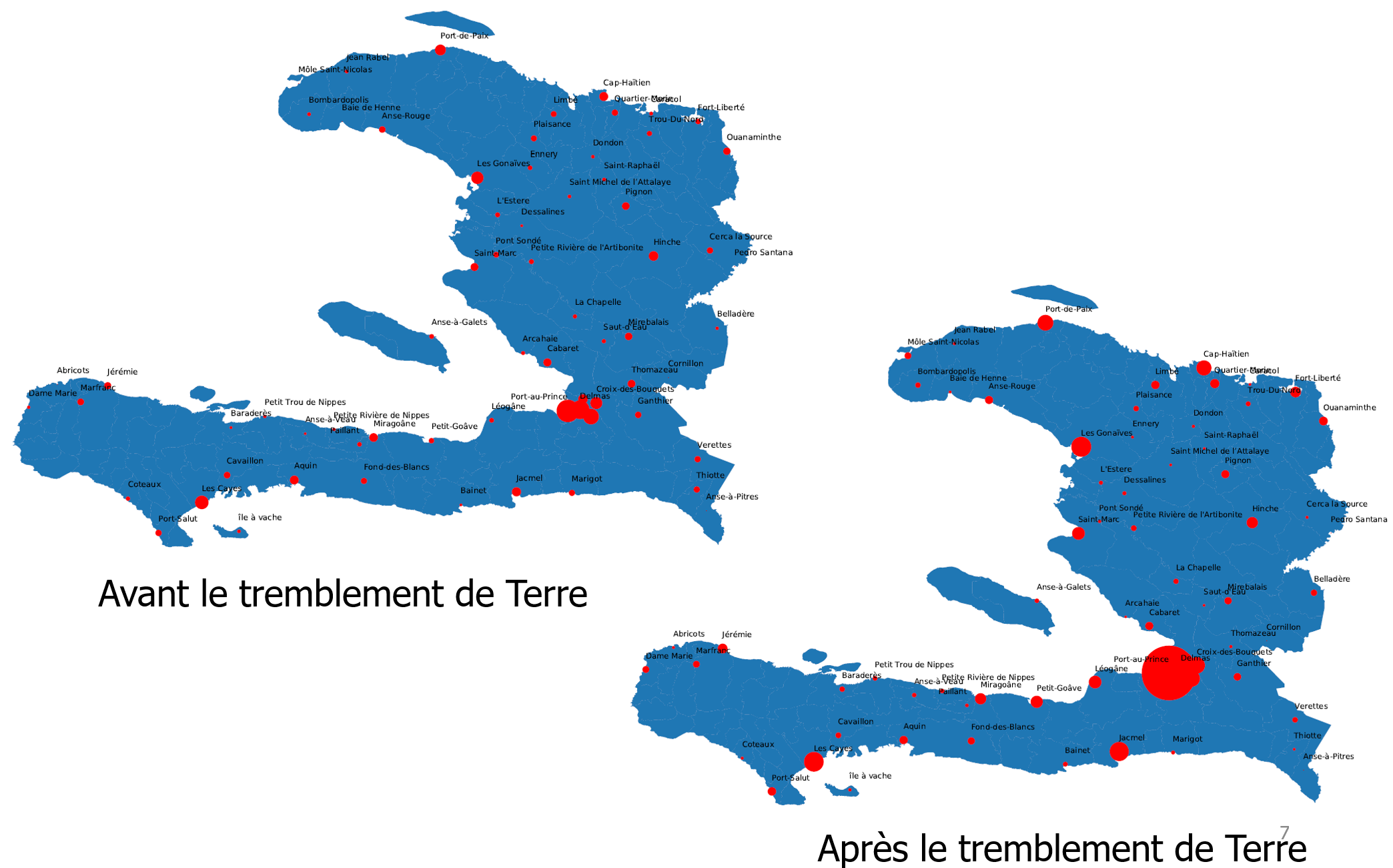 Maps with the centrality of cities before and after the earthquake in Haiti.